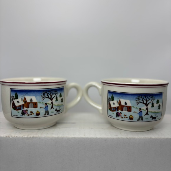 Villeroy & Boch Naif Christmas Cups Set of 2 Winter Scene Porcelain EUC - Picture 1 of 6